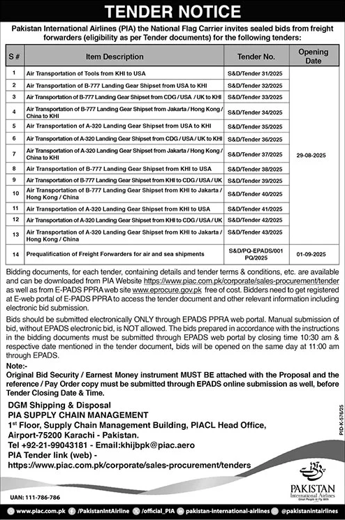 Pakistan International Airlines Karachi Tender Notice